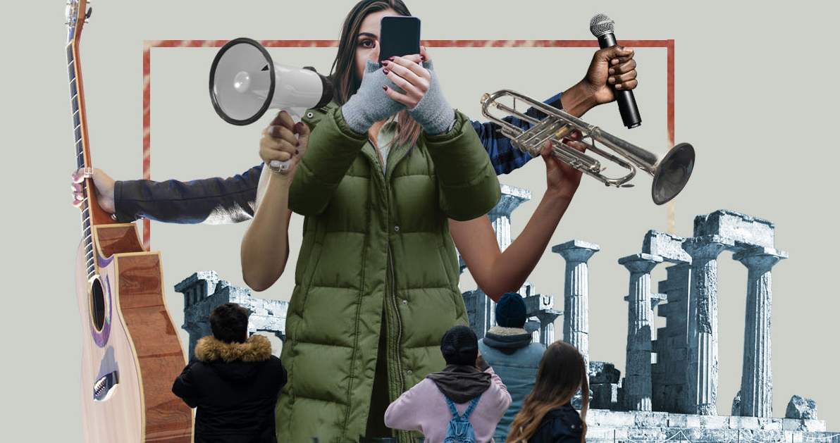 Student holding camera phone surrounded by a mic, instruments and classic architecture